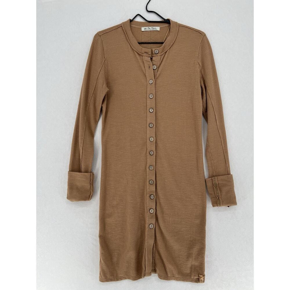 Free People We The Free Tan Thermal Dress Medium Ribbed Henley Long Sleeve Boho